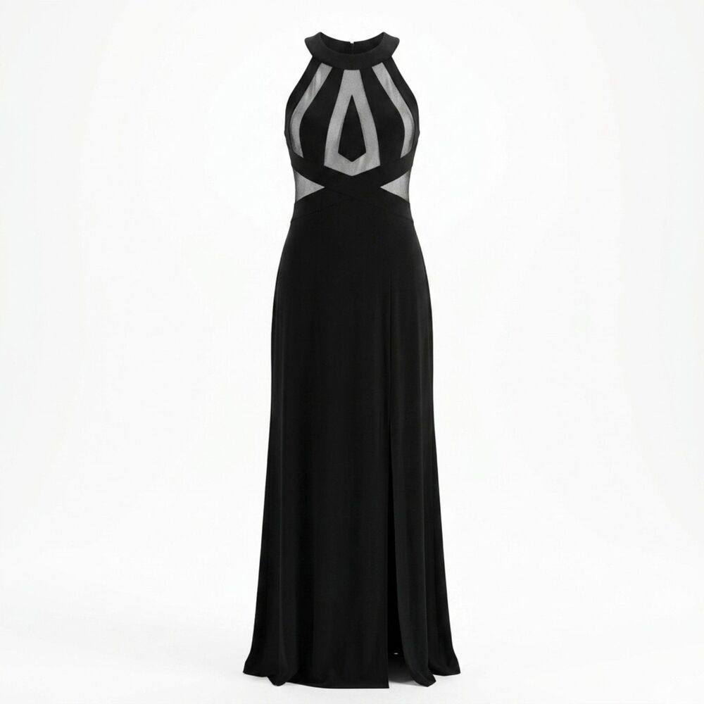 Nightway Black Geometric Mesh Insert Halter Evening Gown Size 8P EUC